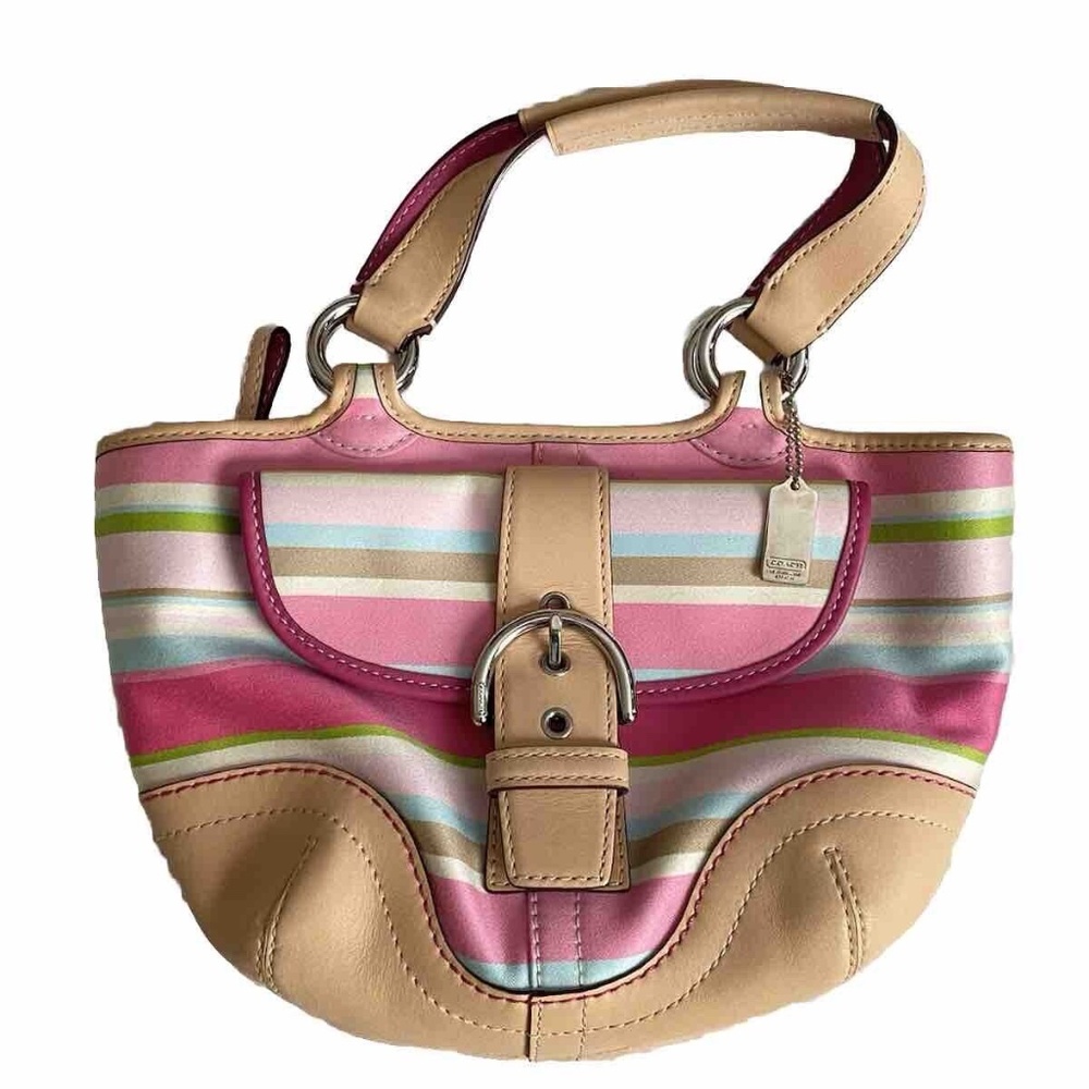 Coach Hampton Soho Multicolor Striped Leather & Canvas Tote w/ Buckle